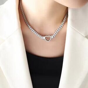 18K Silver Plated Heart Cuban Chain Necklace Stainless Steel Womens